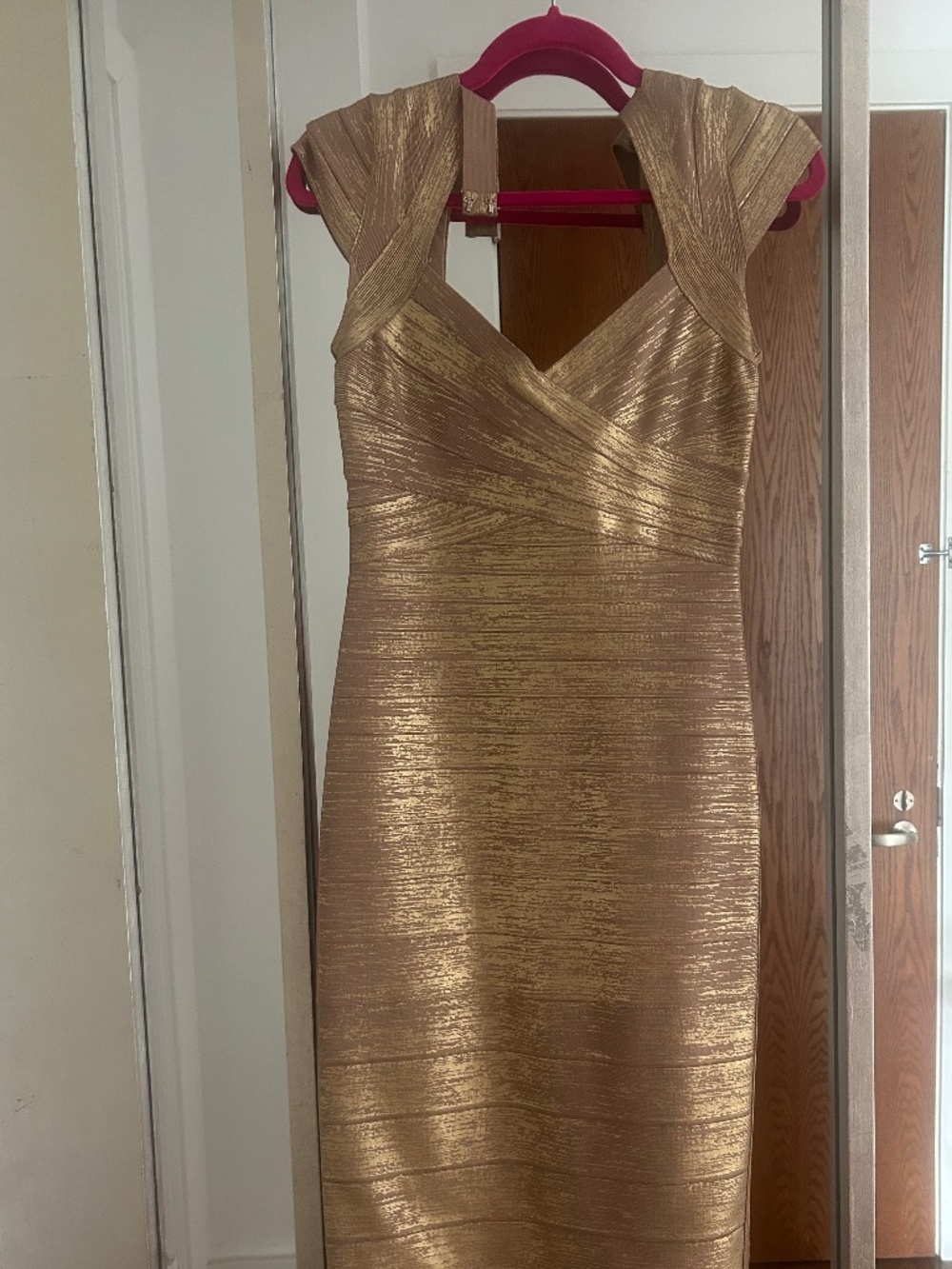 Herve leger gold foil gown, size medium